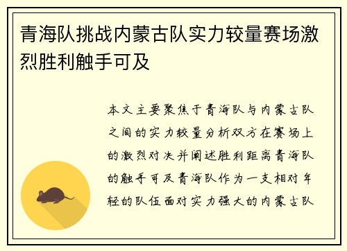 青海队挑战内蒙古队实力较量赛场激烈胜利触手可及