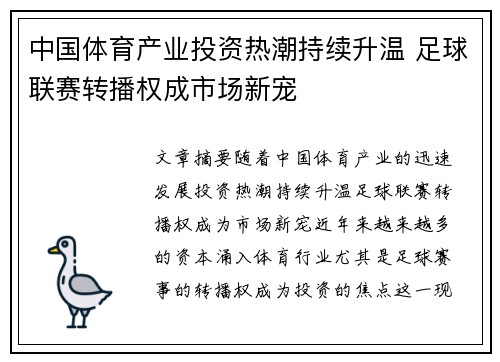 中国体育产业投资热潮持续升温 足球联赛转播权成市场新宠